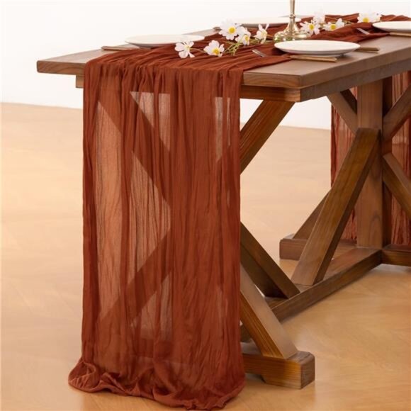 Thanksgiving Fall Table Runner Terracotta Cheesecloth Gauze Burnt Orange Boho - Picture 4 of 7